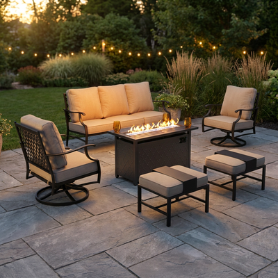 Black Metal Meshed 7 Seat 6-Piece Steel Outdoor Fire Pit Patio Set with Beige Cushions, Black Rectangular Fire Pit Table