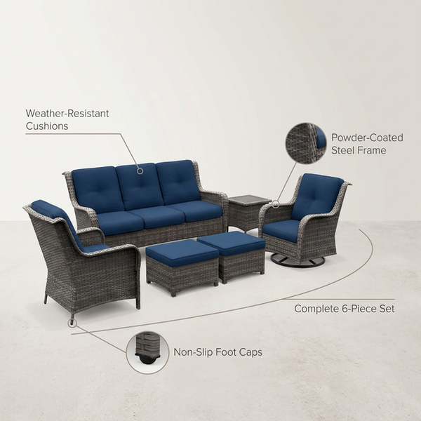 Patio Furniture Set 6-Piece Outdoor Patio Conversation Set with Blue Cushions Lawn Furniture