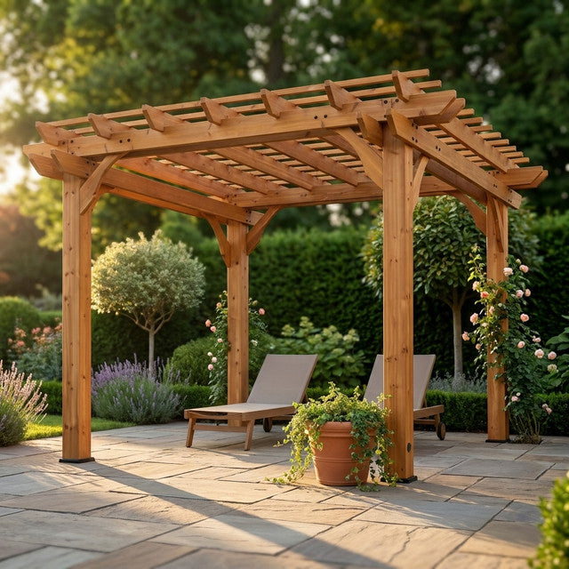 10 Ft. X 10 Ft. Traditional All Cedar Wood Outdoor Patio Pergola Shade Structure — Studio Shot