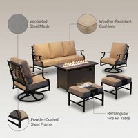 Black Metal Meshed 7 Seat 6-Piece Steel Outdoor Fire Pit Patio Set with Beige Cushions, Black Rectangular Fire Pit Table — Lifestyle