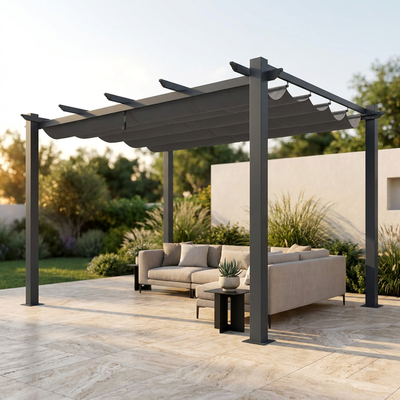 16 Ft. W X 12 Ft. D Aluminum Pergola Outdoor with Dark Gray Retractable Canopy
