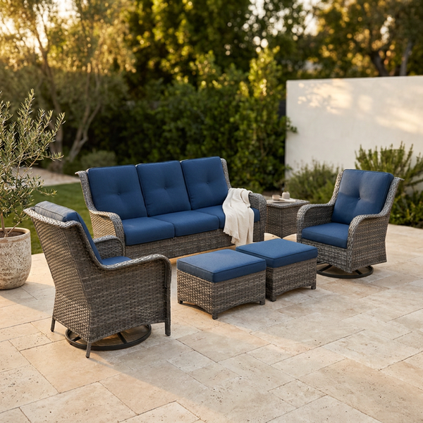 Patio Furniture Set 6-Piece Outdoor Patio Conversation Set with Blue Cushions Lawn Furniture — Studio Shot