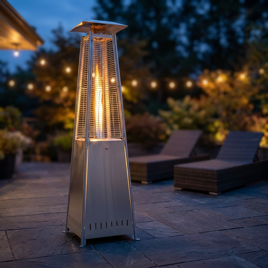 Pyramid Patio Heater, 42000 BTU Outdoor Patio Heater, 7.5 Feet LED Standing Heater with Cover and Wheels, Silver — Studio Shot