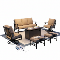 Black Metal Meshed 7 Seat 6-Piece Steel Outdoor Fire Pit Patio Set with Beige Cushions, Black Rectangular Fire Pit Table