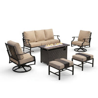 Black Metal Meshed 7 Seat 6-Piece Steel Outdoor Fire Pit Patio Set with Beige Cushions, Black Rectangular Fire Pit Table — Studio Shot