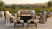 Black Metal Meshed 7 Seat 6-Piece Steel Outdoor Fire Pit Patio Set with Beige Cushions, Black Rectangular Fire Pit Table — Lifestyle